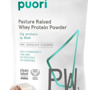 Puori Whey Protein Powder, Dark Chocolate – PW1 Pasture-Raised, Grass-Fed Whey Protein Powder Drink Mix containing BCAA Amino Acids – Post-Workout Supplement for Muscle Gain & Recovery – 30 Servings