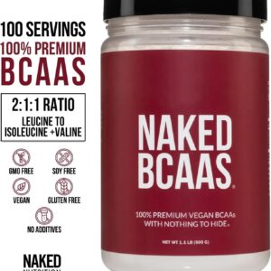 NAKED BCAAs Amino Acids Powder, Only 1 Ingredient, Pure 2:1:1 Formula, Vegan Unflavored Branched Chain Amino Acids, Instantized All Natural BCAA Supplement – 500 Grams, 100 Servings
