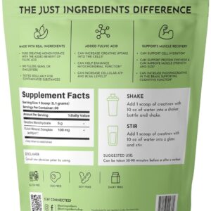 JUST INGREDIENTS Creatine Monohydrate Powder with Rejen Fulvic Mineral Complex – Supports Muscle Recovery, Energy, Strength, Cognitive Function – 30 Servings
