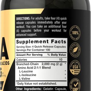 Carlyle BCAA Capsules | 2000mg | 400 Powder Pills | Amino Acids Supplement Blend | for Women and Men | with L-Isoleucine, L-Leucine, L-Valine | Non-GMO and Gluten Free