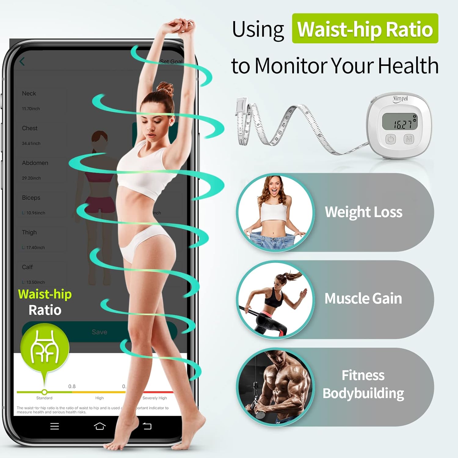 Slimpal Body Tape Measure with Case, Tool for Monitoring Body Fat, Measuring Tape for Body, Digital Smart Retractable Measuring Tape for Accurately Measuring BMI Fitness Body Shape and Weight-Loss - Image 4