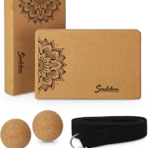 Soulchen 5 Pack Yoga Accessories for Women Set Yoga Block 2 Pack with Strap Massage Ball for Meditation Pilates Cork Blocks Stretching Home Gym Natural High-Density, 12″x8″x2″
