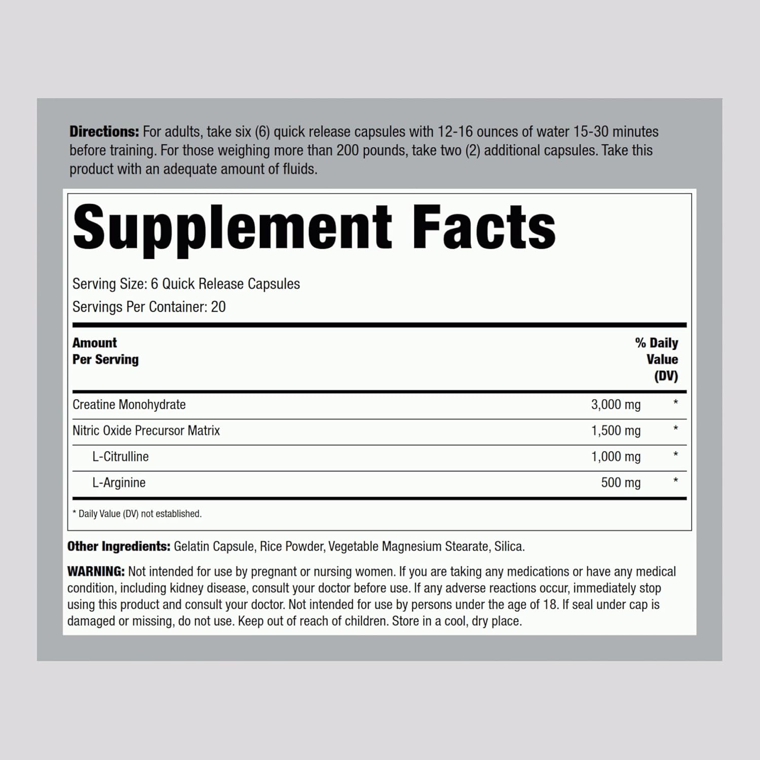 Fitness Labs Creatine Capsules | 120 Count | 3000mg | Creatine Monohydrate | Pump Supplement | Plus Nitric Oxide Precursor | HPLC Tested | Non-GMO - Image 2