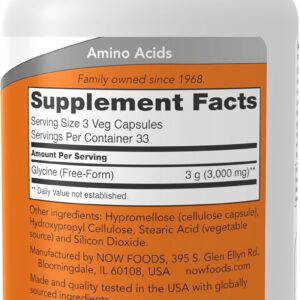 NOW Foods Supplements, Glycine 1,000 mg Free-Form, Neurotransmitter Support*, 100 Veg Capsules