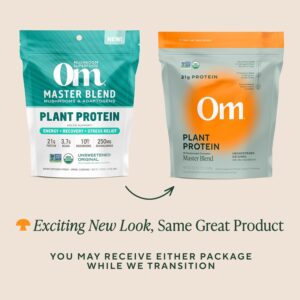 OM Master Blend Mushroom Powder – Organic Mushroom Supplement with 10 Mushrooms & Ashwagandha + Plant Protein, Unflavored Vegan Protein with BCAAs & B12 – 1.2 lb (16 Servings)