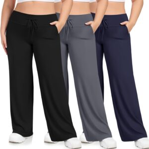 HLTPRO 3 Pack Lounge Pants Women Plus Size Wide Leg Pants Woman with Pockets Casual Pajama Palazzo Black Pant for Yoga