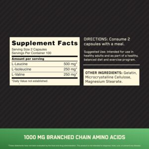 Optimum Nutrition Instantized BCAA Branched Chain Essential Amino Acids Capsules, 1000mg, 200 Count