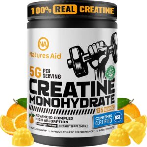 Natures Aid NSF Certified Creatine Gummy 5g – Creatine Monohydrate Gummies – Pre-Workout Energy & Muscle Growth Support for Men & Women | Orange Electrolyte Gummies (135 Count)