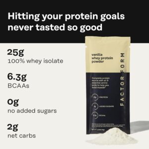 FACTOR FORM Whey Protein Powder | 100% Whey Isolate | 25g Protein & 6.3g BCAAs | Low Carb & Keto-Friendly | No Added Sugar (15 Packets, Vanilla)