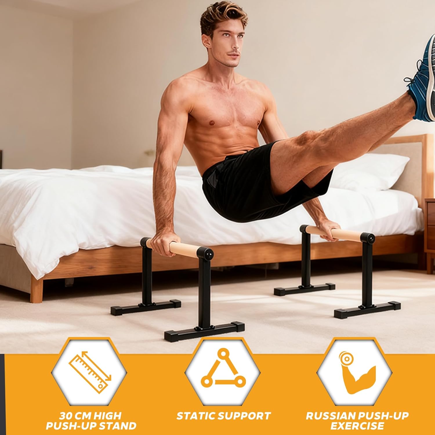 Wooden Parallel Bars 20" Length 12" Height,Dip Bar with Thick Beech Handles, Push-up stands for Handstand, L-Sit, Gymnastics, Strength Training Home Gym,Anti-slip Mats, Easy to Install,700lbs - Image 3