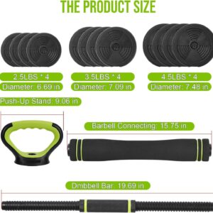 Adjustable Dumbbell Set 44LB, 4-in-1 Free Weight Set with Barbell & Kettlebell & Push-Up Handles, Compact All-in-One Home Gym for Men & Women, Anti-Slip Grip, Quiet Rubber-Coated Plates
