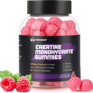 Creatine Monohydrate Gummies 5000mg w/Iron, Vitamin B6 & B12, Sugar Free 5g Creatine Supplements for Women and Men Boost Energy & Muscle Recovery – 90 Raspberry Gummies