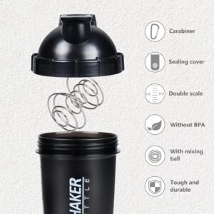 Shaker Bottle 18OZ Protein Shaker Bottles with Powder Storage & Pill Case 500ML GYM Shaker Cup for Protein Mixes with Blending Ball Leak Proof Mixer Bottle for Pre Workout,BPA Free(black)