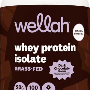 Wellah Grass-Fed Whey Protein Isolate Powder (Dark Chocolate) 30 Servings – with Prebiotics, Enzymes & Probiotics, 20g of Protein, 100 Calories, Naturally Sweetened