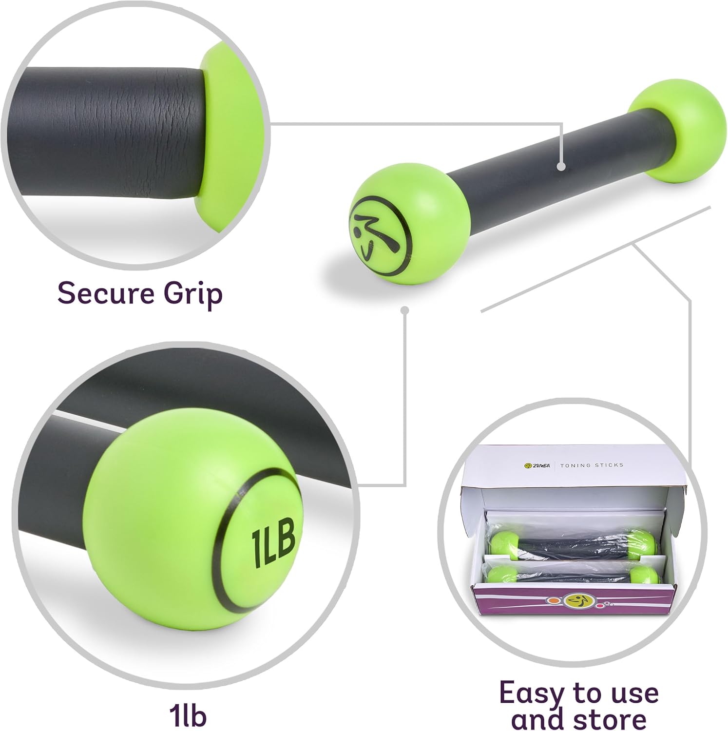 Zumba Toning Sticks 1 lb Weights Set of 2, 1 Pound Hand Weights for Women, Dumbbell Weight Set, Durable and Light 1 Pound Weights Set of 2 - Image 3