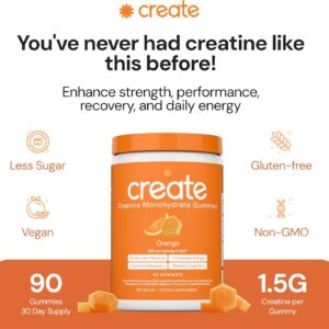 Create Creatine Monohydrate Gummies for Men & Women, Boost Focus, Strength, and Endurance, Anti-Melting Formula, Vegan, Gluten-Free, Non-GMO, 1.5g of Creatine per Gummy (Orange)