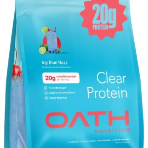 Oath Nutrition Clear Whey Isolate Protein Powder, ICY Blue Razz, 20g Complete Protein per Serving, No Added Sugar, Grass-Fed, 21 Servings
