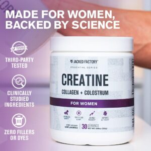 Jacked Factory Creatine for Women – Creatine Monohydrate with Collagen + Colostrum to Support Workout Performance, Lean Muscle Growth, Healthy Hair, Skin, & Nails – 30 Servings, Unflavored