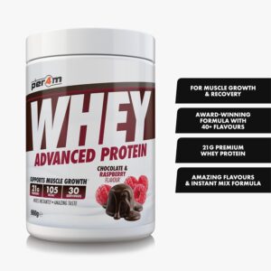per4m Protein Whey Powder | 30 Servings of High Protein Shake with Amino Acids | for Optimal Nutrition When Training | Low Sugar Gym Supplements (Chocolate and Raspberry, 900g)