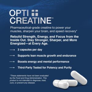 Opti + Creatine Monohydrate Capsules | Support Muscle Recovery, Energy and Healthy Stamina* | Daily Creatine Supplement | 180 Capsules/60 Servings