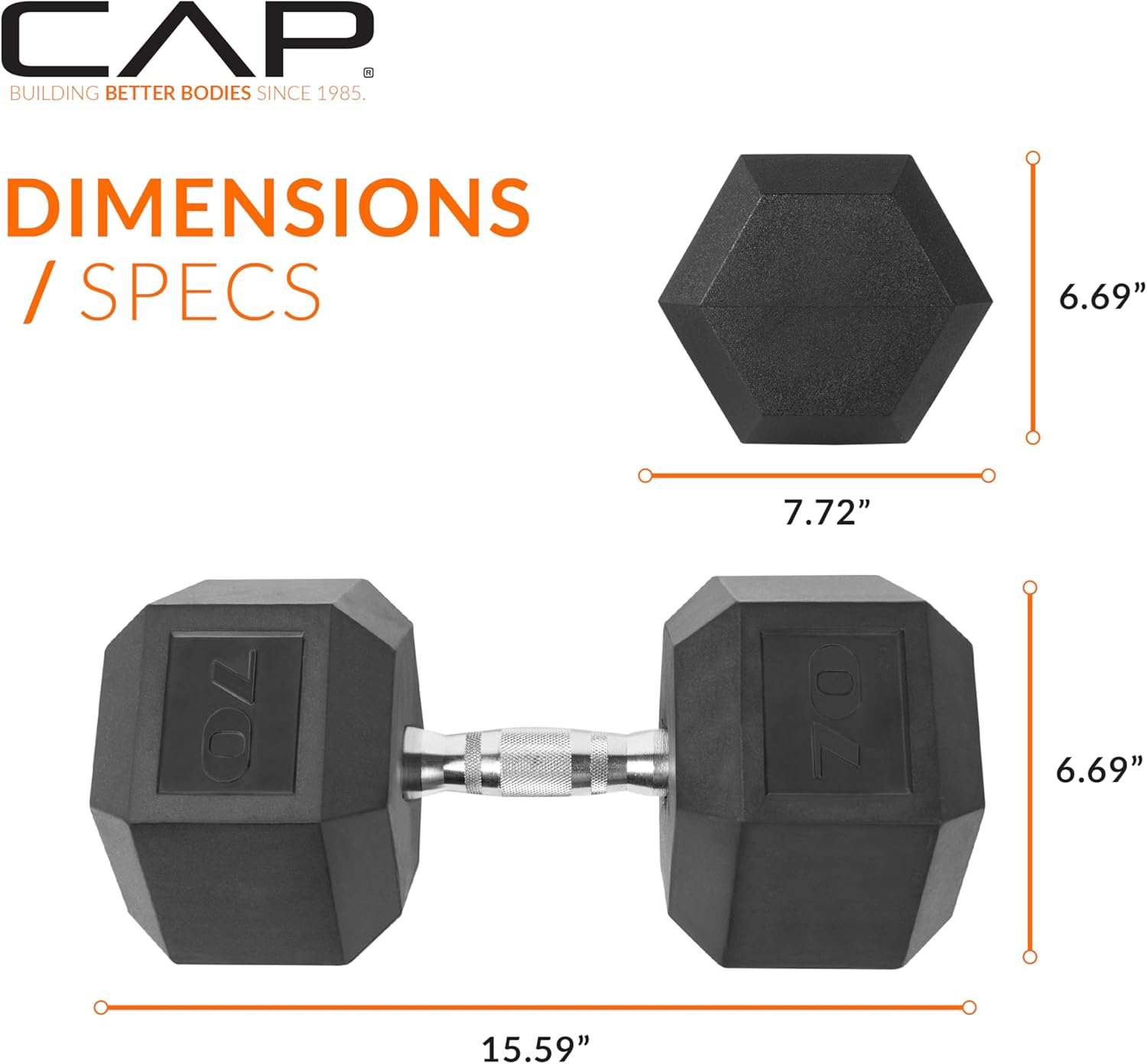 CAP Barbell 70 LB Rubber Coated Hex Dumbbell Hand Weight - Pair | Chrome Handle - Image 4