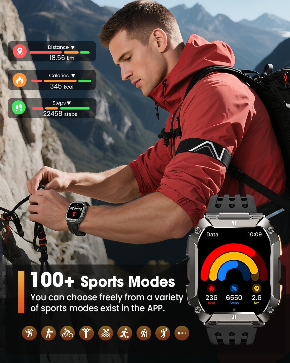 Military Smart Watches for Men, 1.95'' Smart Watch with 100 Days Battery/Flashlight, Fitness Tracker Watch with Heart Rate/Sleep Monitor/100+ Sports Mode,5 ATM Rugged Smartwatch for Android and iPhone - Image 7