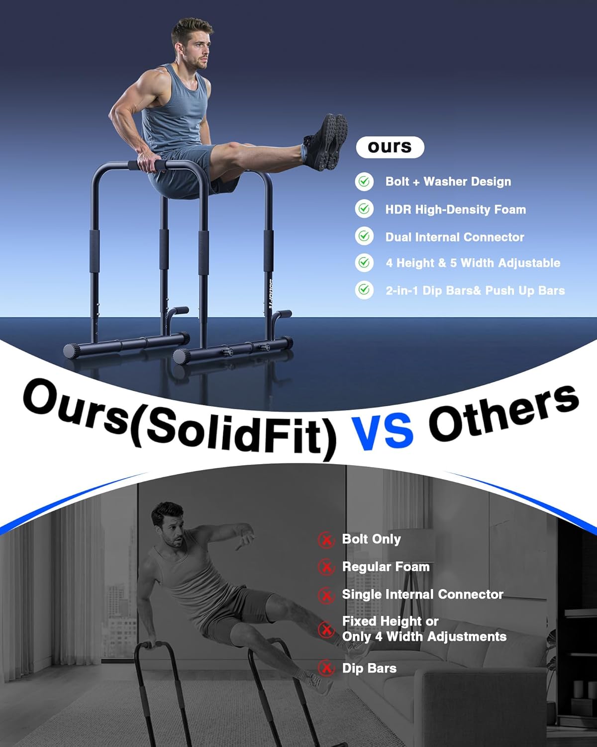 2026 Upgrade 2-in-1 Dip Bar Station - Dip Bars & Push Up Bars Adjustable Calisthenics Equipment with 420LB Bolt Washer Stable Design Dual Inner Connectors for Home Strength Training - Image 5