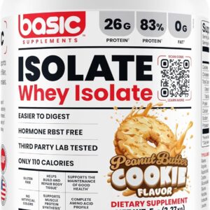 Basic Whey Protein Isolate, 26g Protein, 0g Fat, Gluten-Free, RBST-Free, Rapid Absorption, 110 Calories (5 Pound, Peanut Butter Cookie)