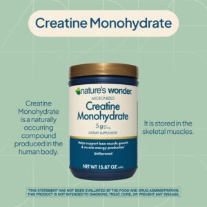 Nature’s Wonder Micronized Creatine Monohydrate Powder 5g, Muscle Health, Muscle Energy Production, No Lactose, 5g of Micronized creatine Powder per Serving, 450G, 90 Servings