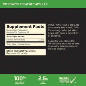 Optimum Nutrition Micronized Creatine Monohydrate Capsules, Keto Friendly, 2500mg, 100 Capsules