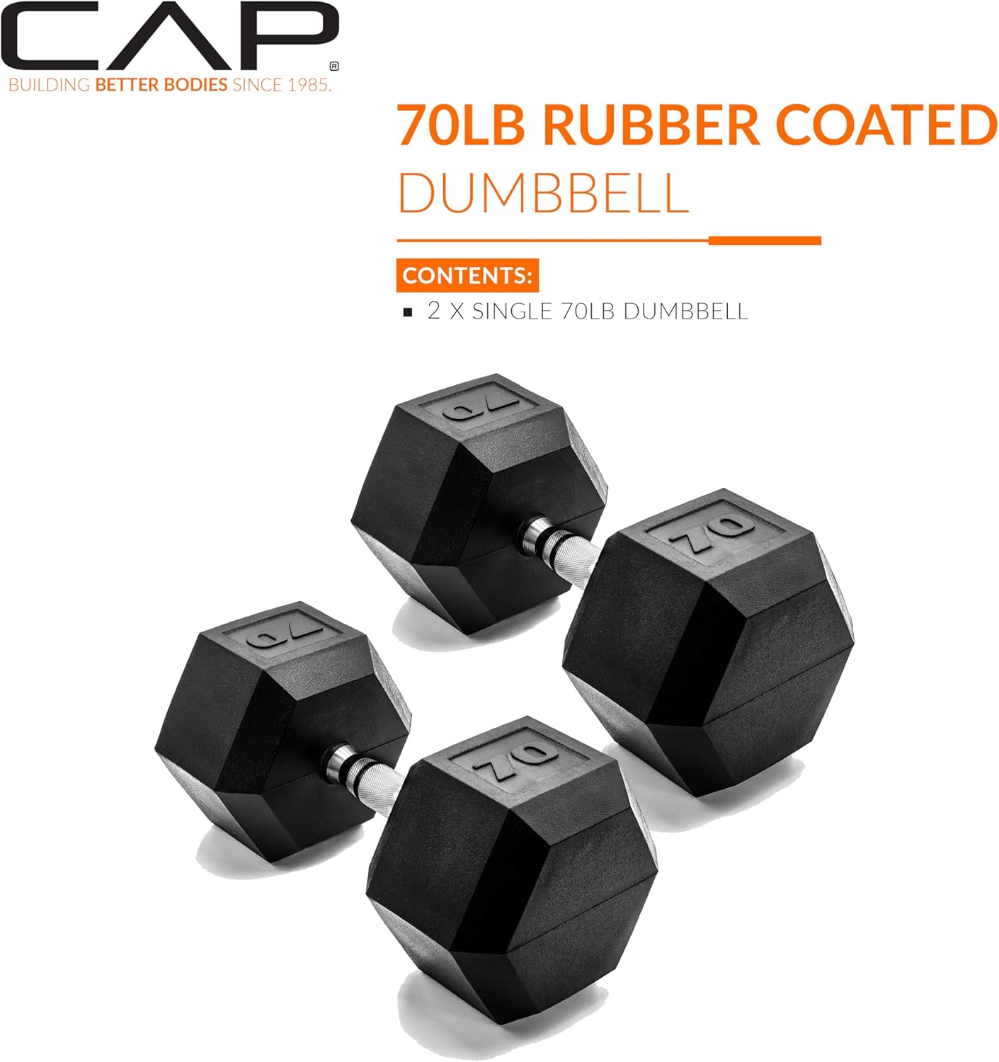 CAP Barbell 70 LB Rubber Coated Hex Dumbbell Hand Weight - Pair | Chrome Handle - Image 2