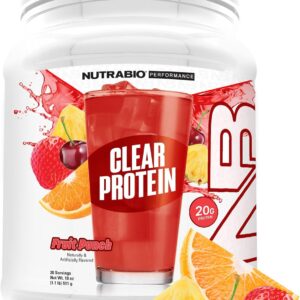 NutraBio Clear Protein Powder, Fruit Punch – 20 Servings, 20g Clear Whey Protein Isolate, 0 Sugar, 0g Lactose, Refreshing Fruit Flavors, GLP1 Support – Bone Health – Muscle Post Workout Recovery