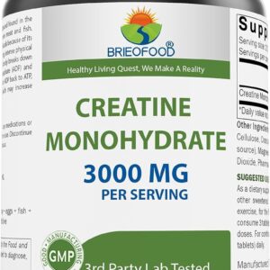 Brieofood Creatine Pills 3000 mg per Serving – 240 Tablets – 3rd Party Lab Tested for Purity & Quality – Helps Improve Athletic Performance