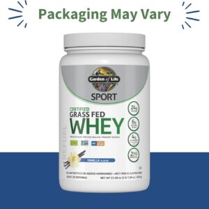 Garden of Life SPORT Whey Protein Powder Vanilla, Premium Grass Fed Whey Protein Isolate plus Probiotics for Immune System Health, 24g Protein, Non GMO, Gluten Free, Cold Processed – 20 Servings