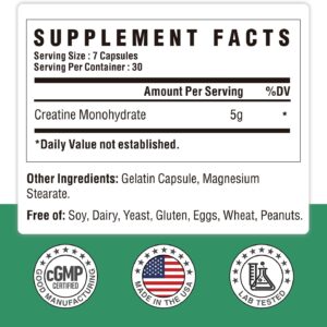 Creatine Monohydrate Capsules, Pure Creatine Pills Micronized for Enhanced Workout and Muscle Growth for Men and Women, 3rd Party Tested, Easy Absorption, Non-GMO, Unflavored – 210 Capsules