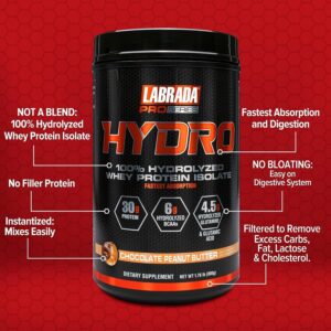 LABRADA HYDRO 100% Pure Hydrolyzed Whey Protein Isolate Powder, Lactose free, 6g BCAA’s, 4.5g Glutamine, Fastest Digesting Whey Available, Instant Mixing, Delicious Taste 20 Servings Choc PeanutButter