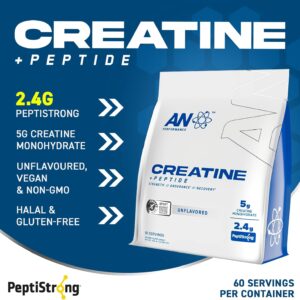 an Performance Creatine Monohydrate + Peptide | Micronized Powder | 5g Creatine, 2.4g PeptiStrong | Vegan, Gluten-Free, Non-GMO | Workout Supplement for Men & Women | Unflavored | 60 Servings