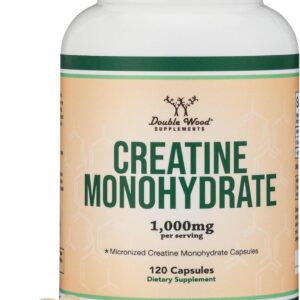 Creatine Monohydrate Capsules – 1g per Serving, 120 Count – No Fillers, Vegan Safe, Non-GMO, Gluten Free by Double Wood