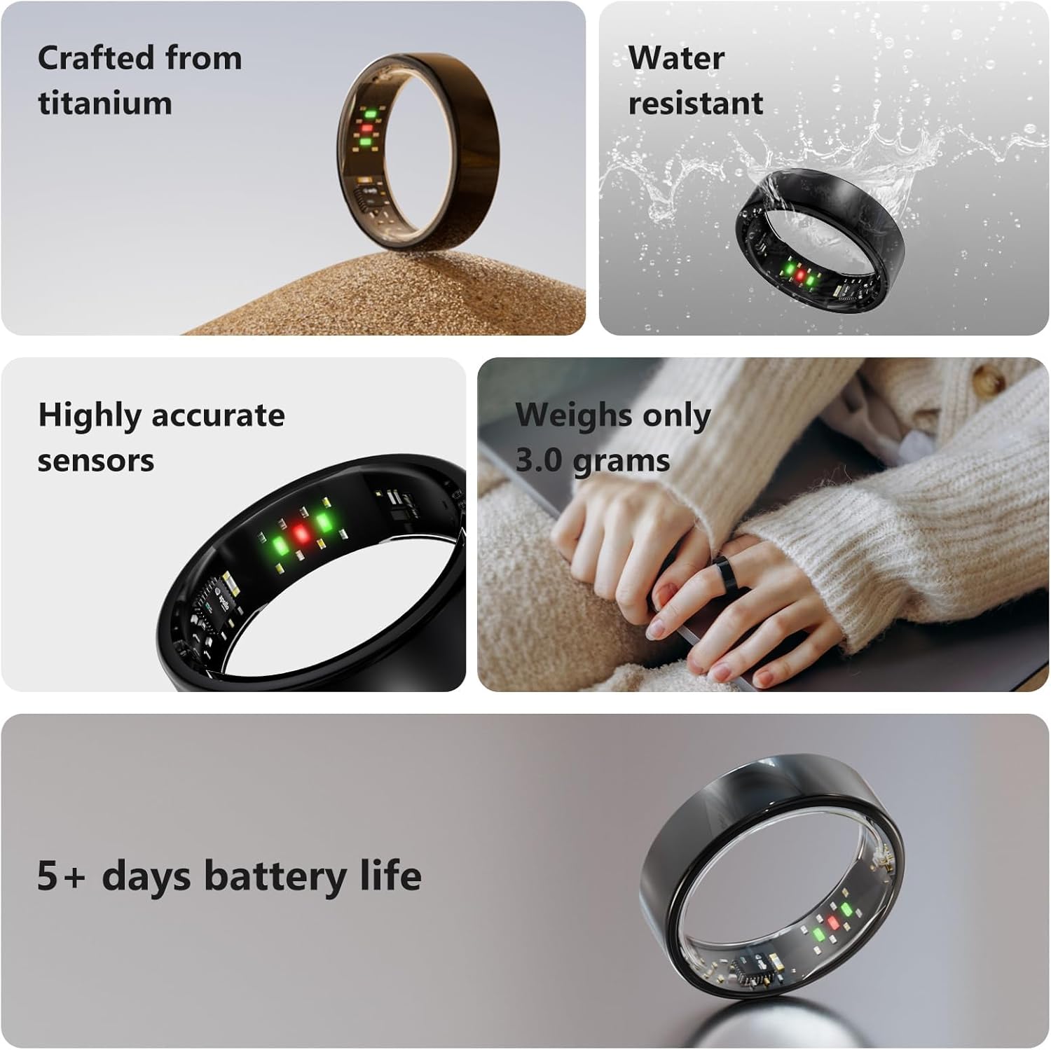 Vic Ring, Ultra-Light Titanium Smart Ring, 7-Day Battery Life, Fitness/Sleep/Stress Tracker for Women & Men, No APP Subscription Fees, IP68 Waterproof, iOS & Android Compatible (Black, 9) - Image 6