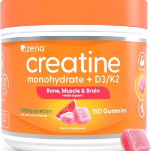 Zena Nutrition Creatine Gummies with D3 & K2, Creatine Monohydrate for Men and Women, Supports Bone, Muscle, & Cognitive Health, Gummy Workout Supplement, Watermelon Flavor, 150ct, 30 Daily Servings