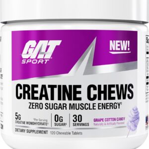 GAT SPORT Creatine Chews, Zero Sugar, 5g Pure Creatine Monohydrate, 3rd Party Tested, Brain Health, Muscle, Strength, Anti-oxidant Support, for Men & Women, 30 Servings (Grape Cotton Candy)