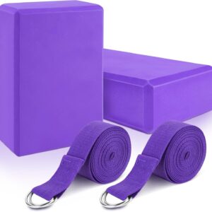 RETON Yoga Blocks Set of 2 with 2 Straps, High Density Purple Yoga Blocks, Lightweight EVA Foam Yoga Brick Pilates Block Pilates, Stretching and Toning