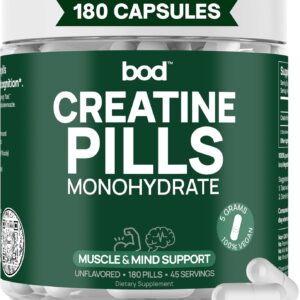 BOD Creatine Monohydrate Capsules – 45 Servings (4 Capsules = 5 g) – Ultra-Pure 200 Mesh Creatine Monohydrate – Strength, Power, Muscle Growth & Recovery