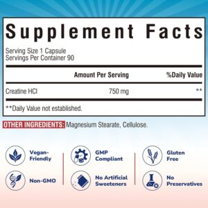 Creatine HCl Capsule, 750mg High Absorption Creatine Hydrochloride, Endurance, Strength, Fast Absorbing, No Load, No Bloat, Monohydrate Micronized Alternative, Once Daily, 90 Capsules