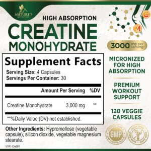 Creatine Monohydrate Capsules 3000mg – Best Micronized Creatine Powder – Supports Lean Muscle, Strength, Energy, & Endurance – Nature’s Supplement, Non-GMO, Gluten Free for Women & Men – 120 Capsules
