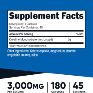 Nutricost Creatine Monohydrate 3,000mg, 180 Capsules (750mg Per Capsule) – Gluten Free, Non-GMO