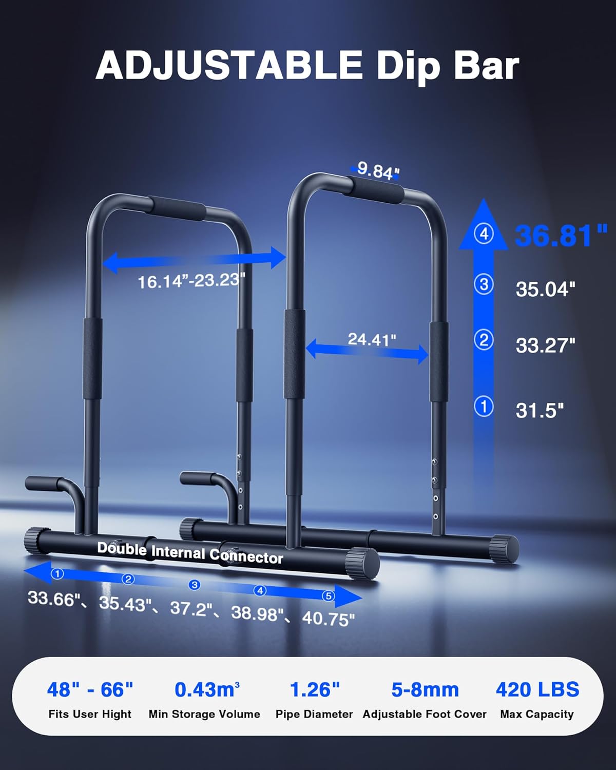 2026 Upgrade 2-in-1 Dip Bar Station - Dip Bars & Push Up Bars Adjustable Calisthenics Equipment with 420LB Bolt Washer Stable Design Dual Inner Connectors for Home Strength Training - Image 6