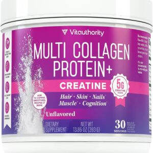 Multi Collagen Protein + Creatine | 5g Creatine Monohydrate with Collagen Types I, II, III, V & X | Hair, Skin, Nail, Muscle & Performance Support | Vitamin C & Hyaluronic Acid, 30 Servings Unflavored