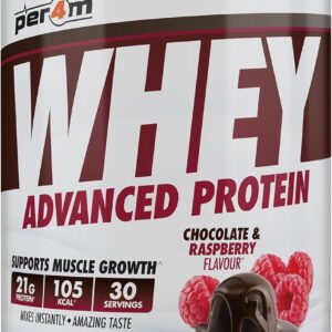 per4m Protein Whey Powder | 30 Servings of High Protein Shake with Amino Acids | for Optimal Nutrition When Training | Low Sugar Gym Supplements (Chocolate and Raspberry, 900g)