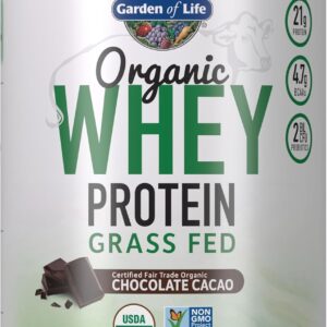 Garden of Life Whey Protein Powder Chocolate Cacao Flavor – 21g Certified Organic Grass Fed Protein for Women & Men + Probiotics – 12 Servings – Gluten Free, Kosher, Humane, rBST & rBGH Hormone Free